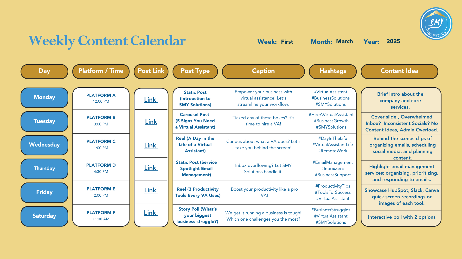 7 day Content Calendar
