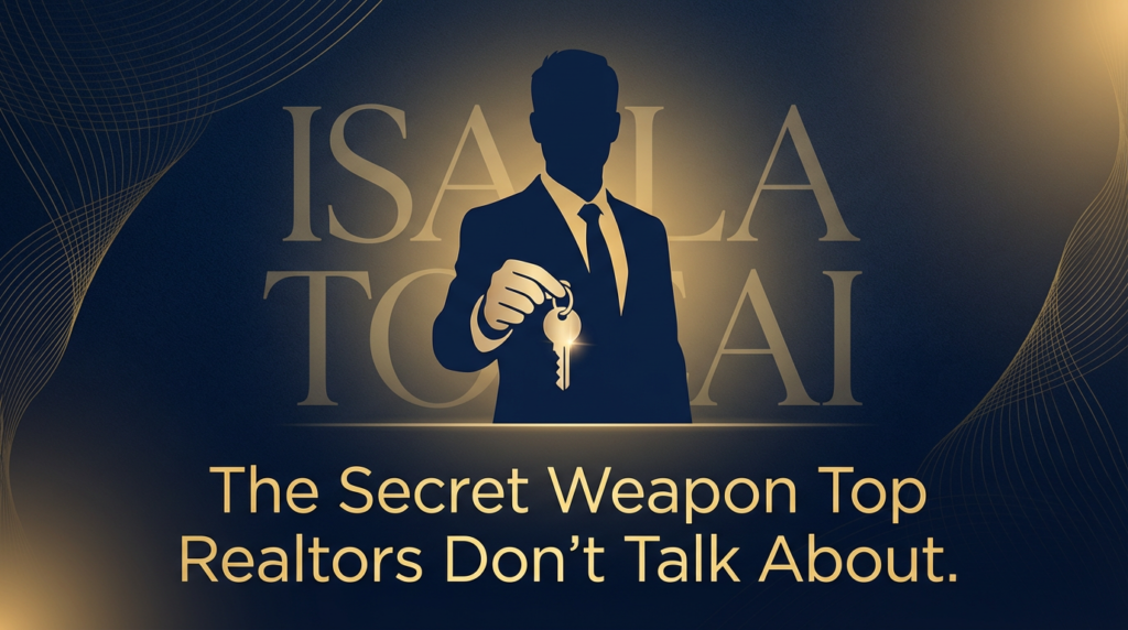 A businessman's silhouette in a navy blue suit holding up a glowing gold key. The background features elegant gold wave patterns and large 