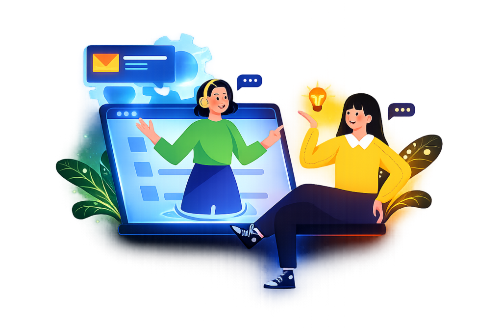 An illustration of two female characters representing virtual assistance and collaboration. One woman wearing a headset appears inside a digital interface window, while another sits outside it pointing toward a glowing lightbulb idea icon. The scene includes floating elements like a mail notification, speech bubbles, and gear icons on a transparent background.