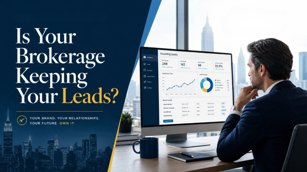 An elegant B2B marketing banner with a navy blue and gold color scheme, split diagonally between a bold headline and a modern office scene. Left Side: Large white and gold text on a dark blue background reads, "Is Your Brokerage Keeping Your Leads?" above a tagline emphasizing brand ownership. A faint cityscape silhouette sits at the bottom. Right Side: A professional man in a navy suit sits at a desk, looking at a large computer monitor displaying a white data dashboard titled "Incoming Leads" with various charts and metrics. A city skyline is visible through the window behind him.