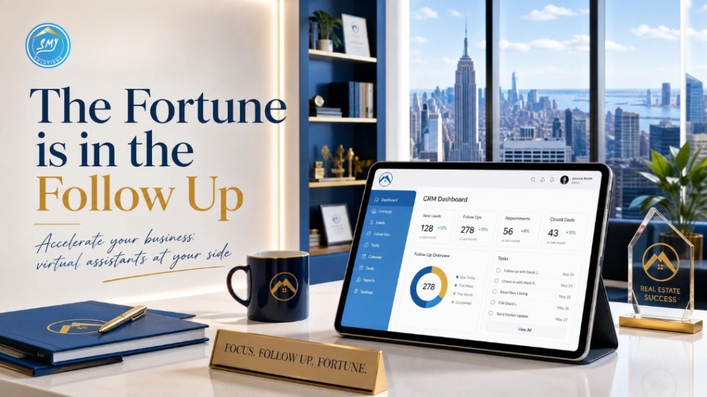 A promotional graphic for a virtual assistant service. The graphic features the text "The Fortune is in the Follow Up" and "Accelerate your business: virtual assistants at your side" alongside a digital tablet showing a CRM dashboard, a desk with business accessories, and a city skyline background.