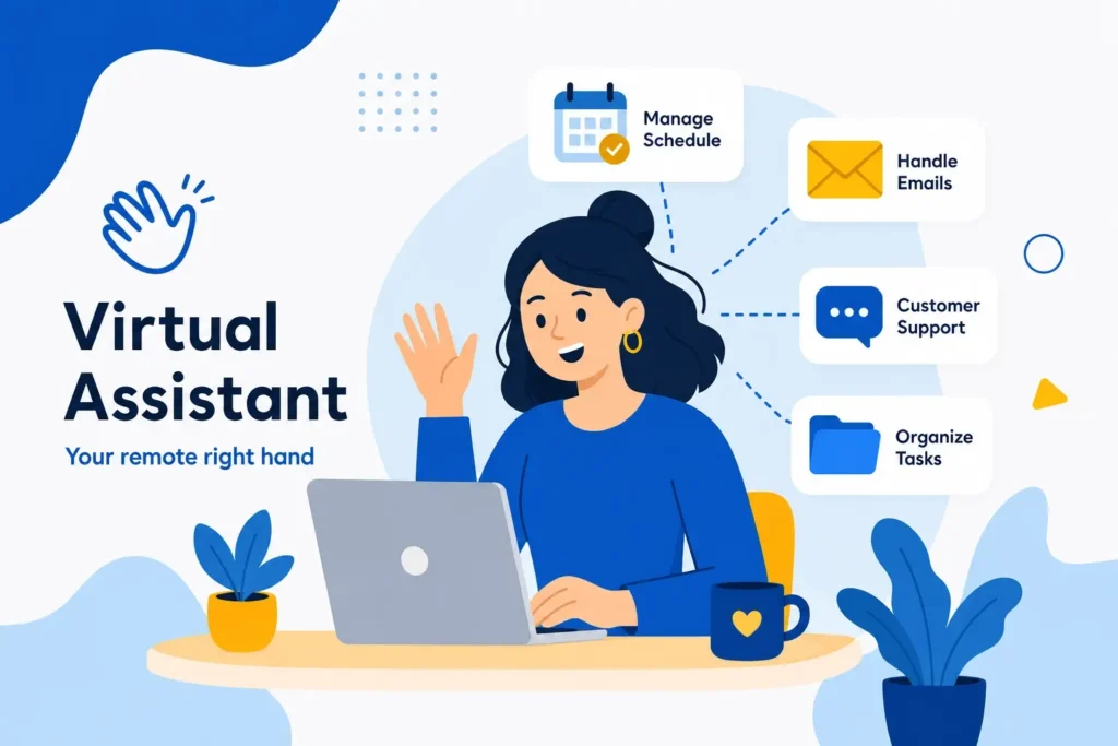 A flat vector illustration of a female virtual assistant sitting at a desk with a laptop, waving with one hand. The color scheme features professional shades of blue and golden yellow. Floating icons around her represent various services: a calendar for "Manage Schedule," an envelope for "Handle Emails," a speech bubble for "Customer Support," and a folder for "Organize Tasks." To her left, the text reads "Virtual Assistant" and "Your remote right hand." The desk includes a golden coffee mug with a heart and two potted plants in golden pots.