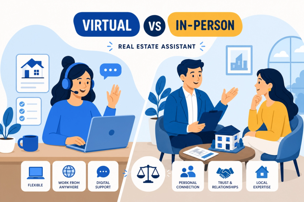A flat vector comparison illustration titled "VIRTUAL VS IN-PERSON REAL ESTATE ASSISTANT" using a professional blue and golden color palette. The left side, labeled "VIRTUAL" in a navy blue banner, shows a female assistant with a headset working at a desk with a blue laptop and mug. Three blue icons below represent "FLEXIBLE," "WORK FROM ANYWHERE," and "DIGITAL SUPPORT." The right side, labeled "IN-PERSON" in a golden banner, depicts a male assistant in a blue blazer talking to a woman across a coffee table with a house model and documents. Three blue icons below represent "PERSONAL CONNECTION," "TRUST & RELATIONSHIPS," and "LOCAL EXPERTISE." A central scale icon balances the two sections.